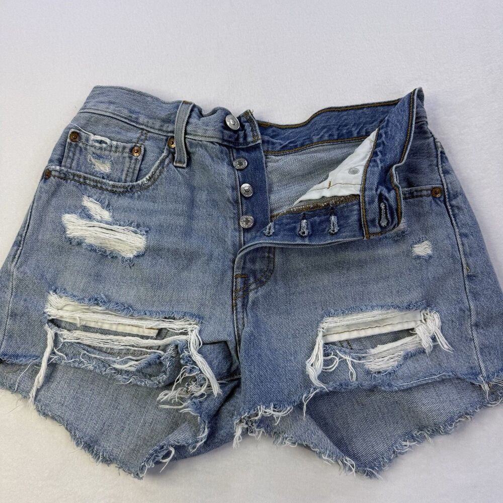 LEVI 501 Button-up Jean Short Distressed Ripped Denim Girls 27" Waist 1011